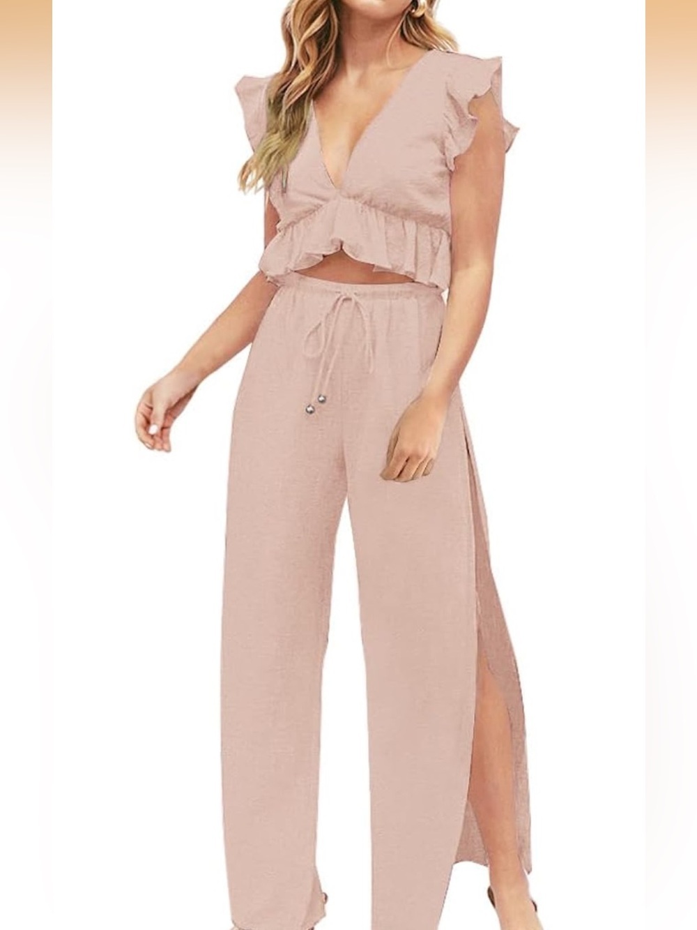 Sleeveless Ruffle Crop Top & Wide Leg Pants Two Piece Set - Pink - Women’s XL